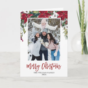Red Poinsettia Floral Christmas PHOTO Watercolor Holiday Card