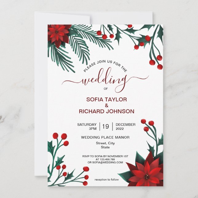 Red Poinsettia Floral Christmas Watercolor Wedding Invitation (Front)