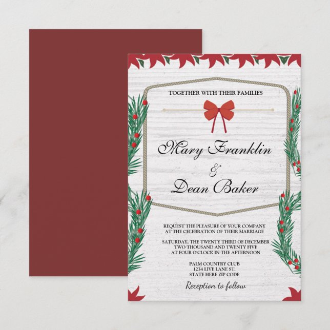 Red Poinsettia Floral Christmas Watercolor Wedding Invitation (Front/Back)