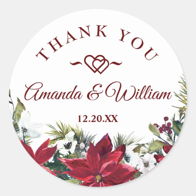 Red Poinsettia Floral Christmas Wedding Thank You Classic Round Sticker (Front)