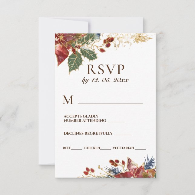 Red Poinsettia Floral Christmas Winter Wedding RSVP Card (Front)