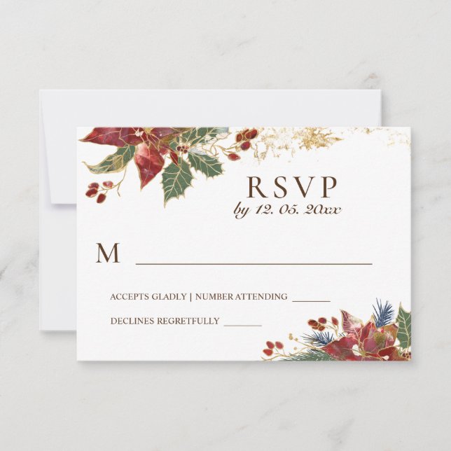 Red Poinsettia Floral Christmas Winter Wedding RSVP Card (Front)