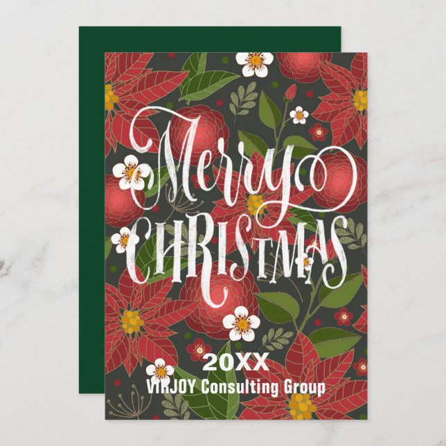 Red Poinsettia Floral Elegant Script Corporate   Holiday Card (Front/Back)