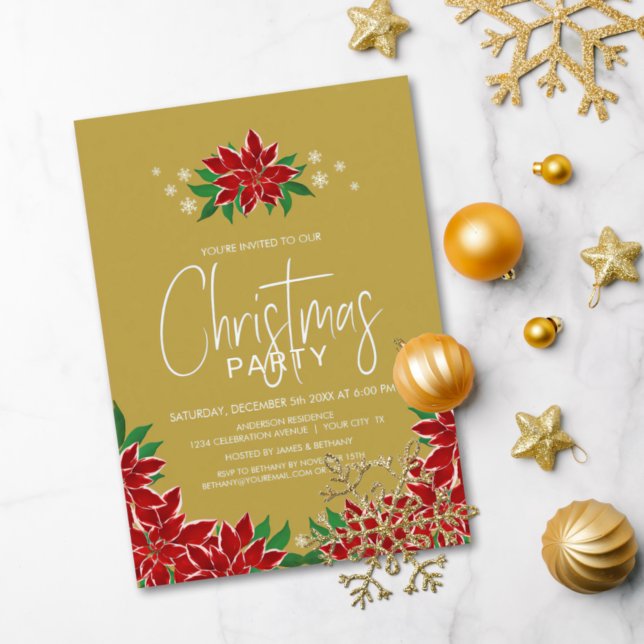Red Poinsettia Floral Gold Christmas Party Invitation (Creator Uploaded)