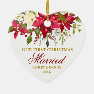 Red Poinsettia Floral Gold First Christmas Married Ceramic Tree Decoration