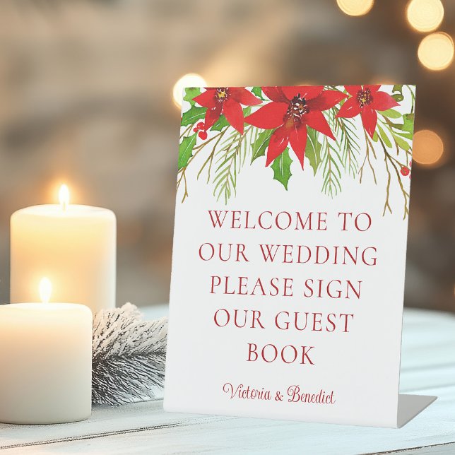 Red Poinsettia Floral Holiday Wedding Guest Book Pedestal Sign (Creator Uploaded)