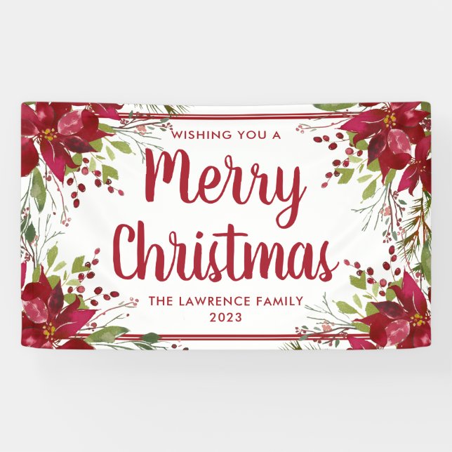 Red Poinsettia Floral Merry Christmas Holiday Banner (Horizontal)