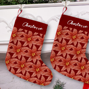 Red Poinsettia Floral Name Christmas Holiday  Small Christmas Stocking