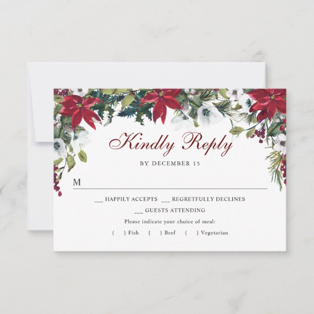 Red Poinsettia Floral  RSVP Card with Meal Choice (Front)