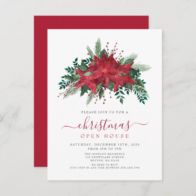 Red Poinsettia Floral Script Christmas Open House Invitation Postcard (Front/Back)