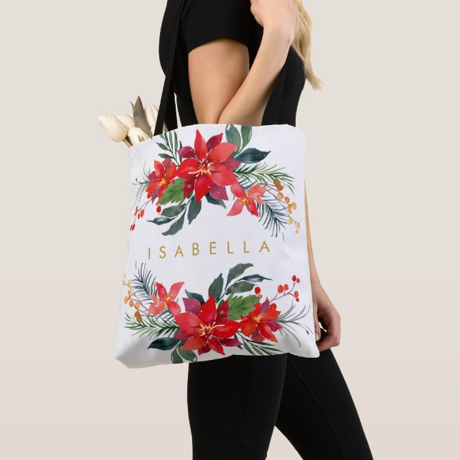 Red Poinsettia Floral Watercolor Bouquets Name Tote Bag (Close Up)