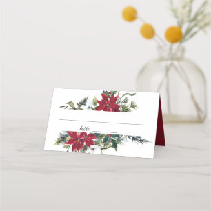 Red Poinsettia Floral Watercolor Wedding Table Place Card