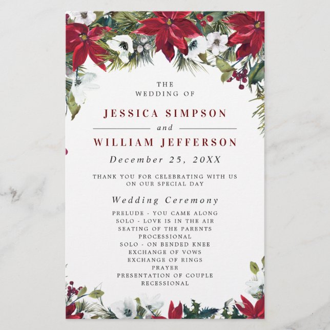 Red Poinsettia Floral Wedding Ceremony Program (Front)