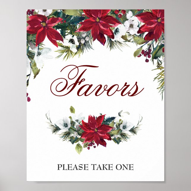 Red Poinsettia Floral Wedding Favor Sign Poster (Front)