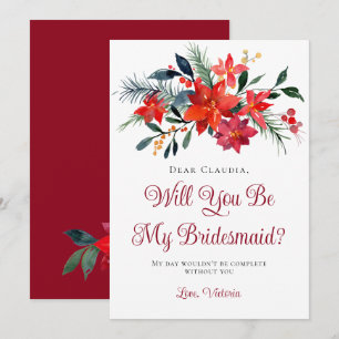 Red Poinsettia Floral Will You Be My Bridesmaid Invitation