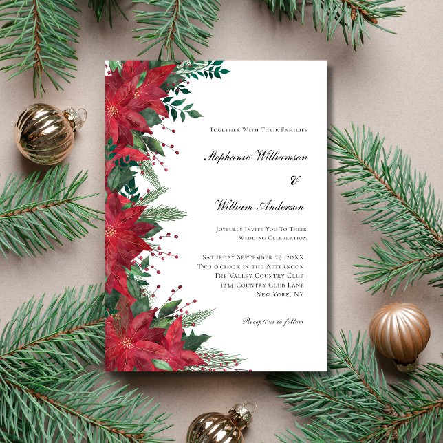 Red Poinsettia Floral Winter Christmas Wedding  Invitation (Red Poinsettia Christmas Winter Wedding Invitation.)