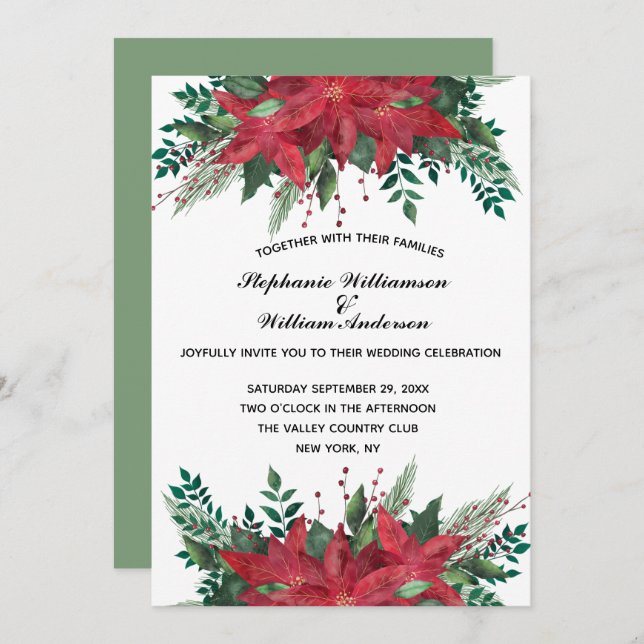 Red Poinsettia Floral Winter Christmas Wedding  Invitation (Front/Back)