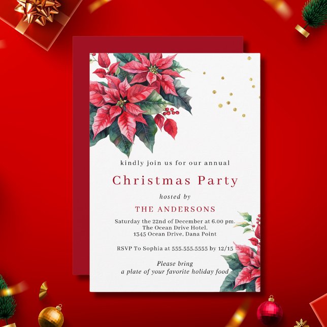  Red Poinsettia flower Christmas party Invitation (Creator Uploaded)