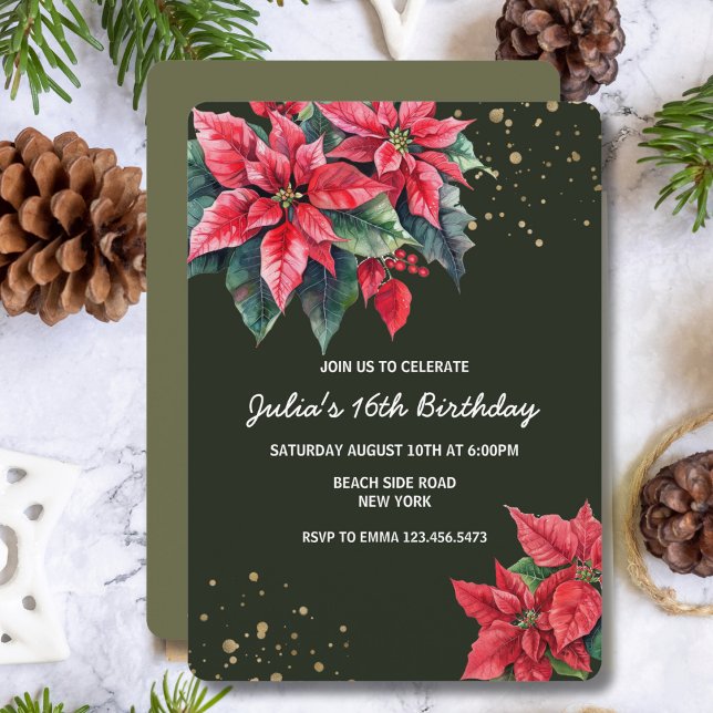 Red Poinsettia flower December Birthday  Invitation (Creator Uploaded)