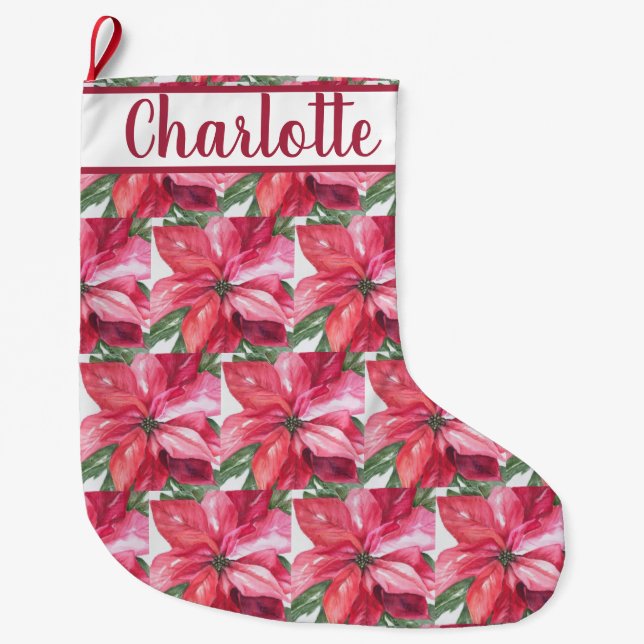 Red Poinsettia Flower Large Christmas Stocking (Front)