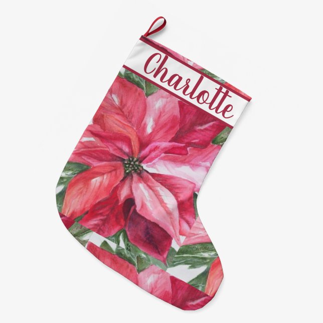 Red Poinsettia Flower Large Christmas Stocking (Front (Hanging))