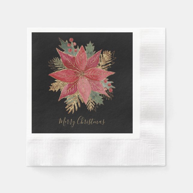 Red Poinsettia Flower Merry Christmas Party Paper Napkin (Front)