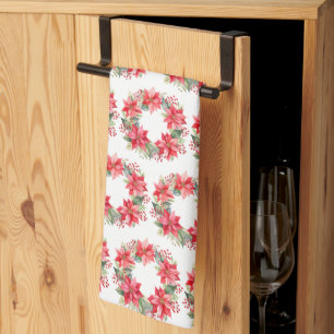 Red Poinsettia Flowers and Berry Wreath Tea Towel
