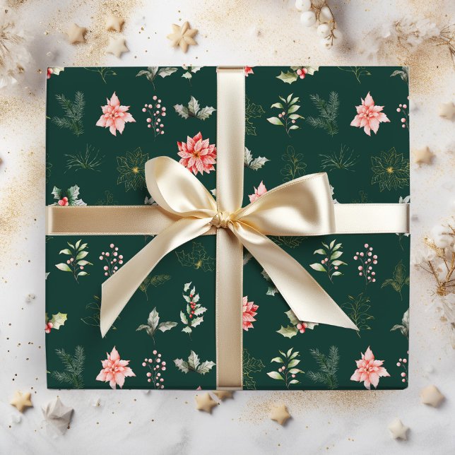 Red Poinsettia Flowers and Foliage on Dark Green Wrapping Paper (Creator Uploaded)