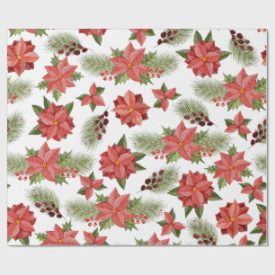 Red Poinsettia Flowers And Holly Berries Wrapping Paper