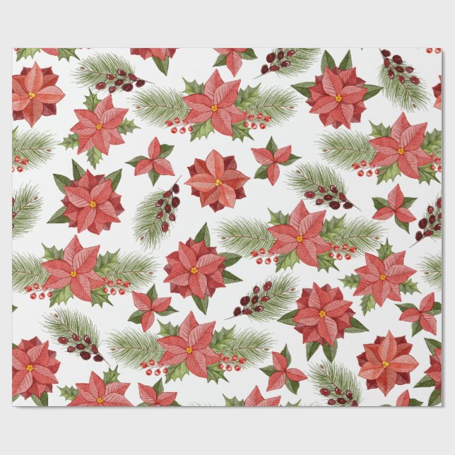 Red Poinsettia Flowers And Holly Berries  Wrapping Paper (Flat)