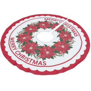 Red Poinsettia Flowers And Holly Berries Wreath  Brushed Polyester Tree Skirt