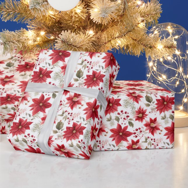 Red Poinsettia Flowers Christmas Berries Holiday Wrapping Paper (Holidays)