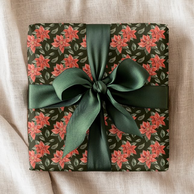 Red Poinsettia Flowers Festive Christmas Holidays Wrapping Paper (Creator Uploaded)