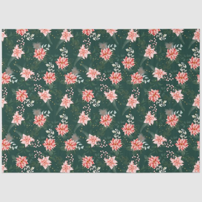Red Poinsettia Flowers on Dark Green Tissue Paper (Front)