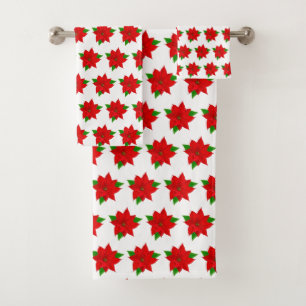 Red Poinsettia Flowers on White Bath Towel Set