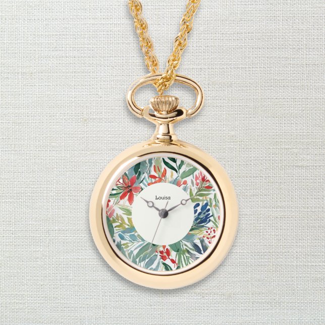 Red Poinsettia Flowers Pretty Floral Christmas Watch (An elegant monogrammed necklace pendant with watch and red poinsettia design in a watercolor style)