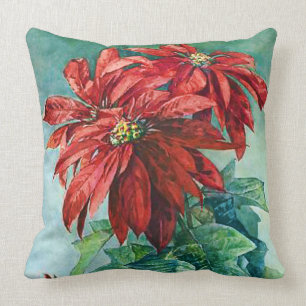 Red Poinsettia Flowers Vintage Cushion