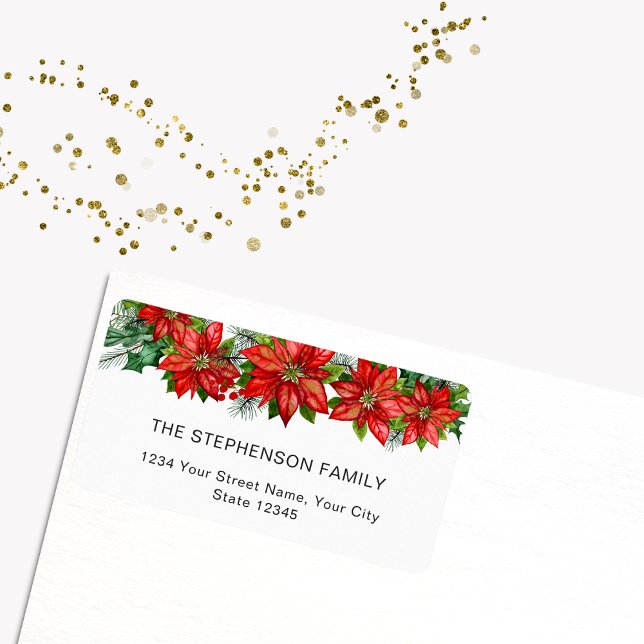 Red Poinsettia Foliage Christmas Return Address Label (Creator Uploaded)