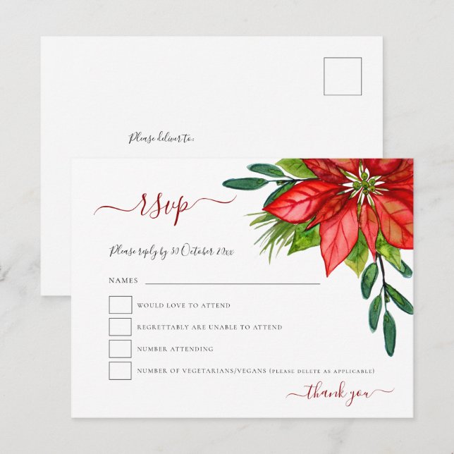 Red Poinsettia Foliage Christmas Wedding RSVP Invitation Postcard (Front/Back)