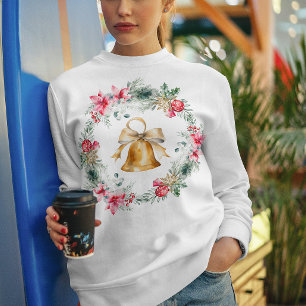 Red Poinsettia Foliage Snowflakes Christmas Wreath Sweatshirt