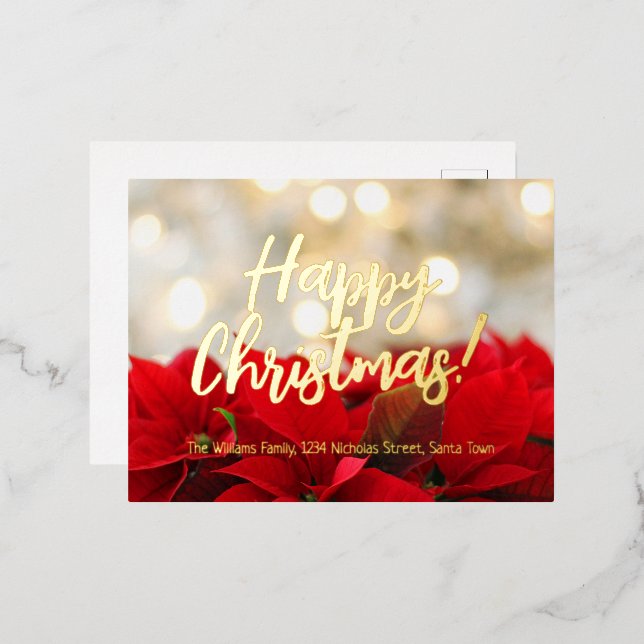 Red Poinsettia Gold Foil Script Happy Christmas Holiday Postcard (Front/Back)