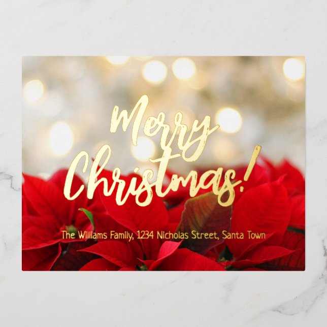 Red Poinsettia Gold Foil Script Merry Christmas Foil Holiday Postcard (Front)