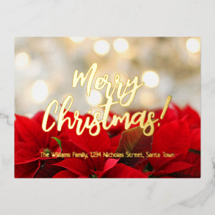 Red Poinsettia Gold Foil Script Merry Christmas Holiday Postcard