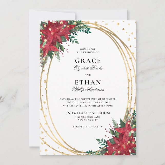 Red Poinsettia Gold Glitter Christmas Wedding Invitation (Front)