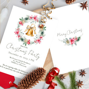 Red Poinsettia Gold Snowflakes Christmas Wreath Invitation