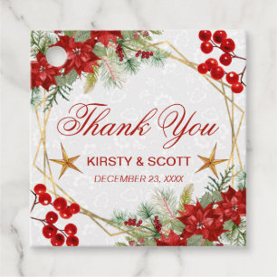 Red Poinsettia & Gold Star Christmas Wedding Favour Tags