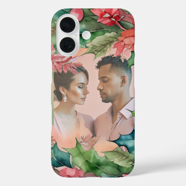 Red Poinsettia Green Holly Christmas Family Photo Case-Mate iPhone Case (Back)