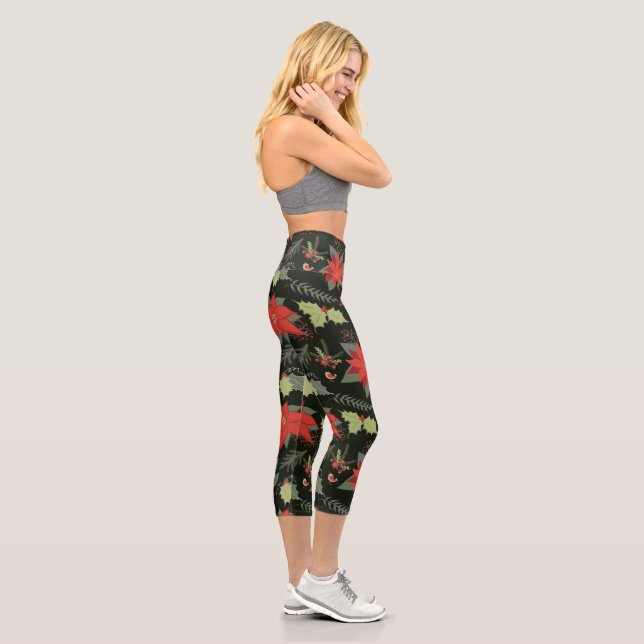 Red Poinsettia Green Holly Holiday  Capri Leggings (Right)