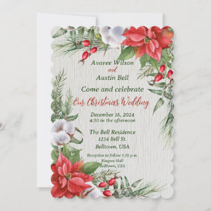 Red Poinsettia Green Leaves Christmas Wedding Invitation