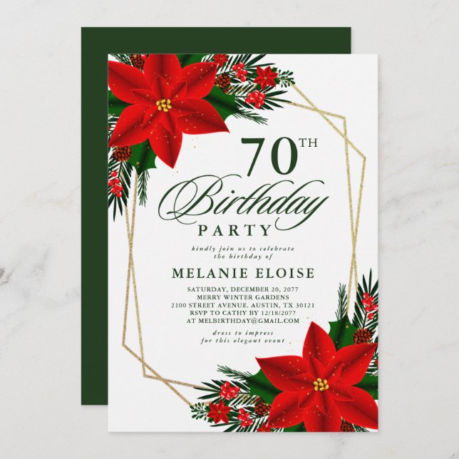 Red Poinsettia Greenery Christmas Birthday  Invitation (Front/Back)